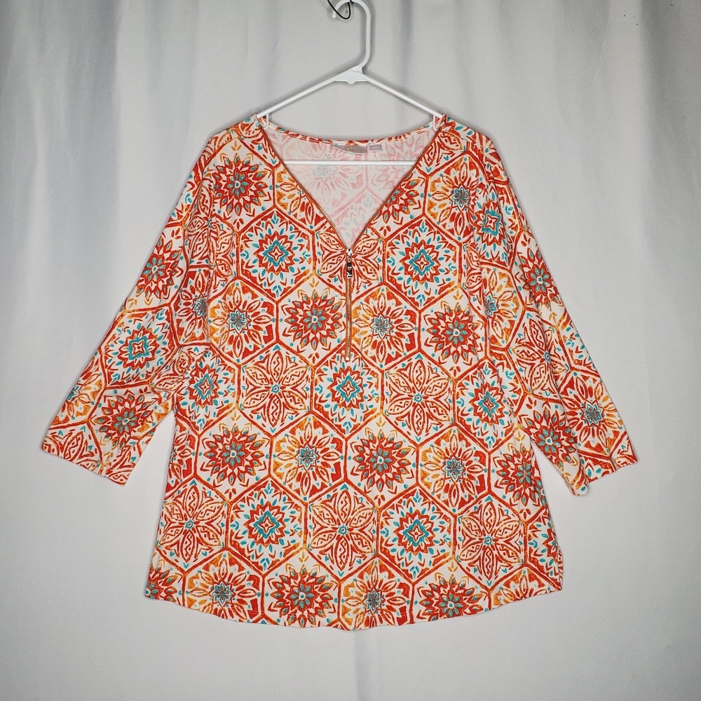 Belle Kim Gravel Top Womens XL Zipper Accent V-Neck Stretch 3/4 Orange Medallion